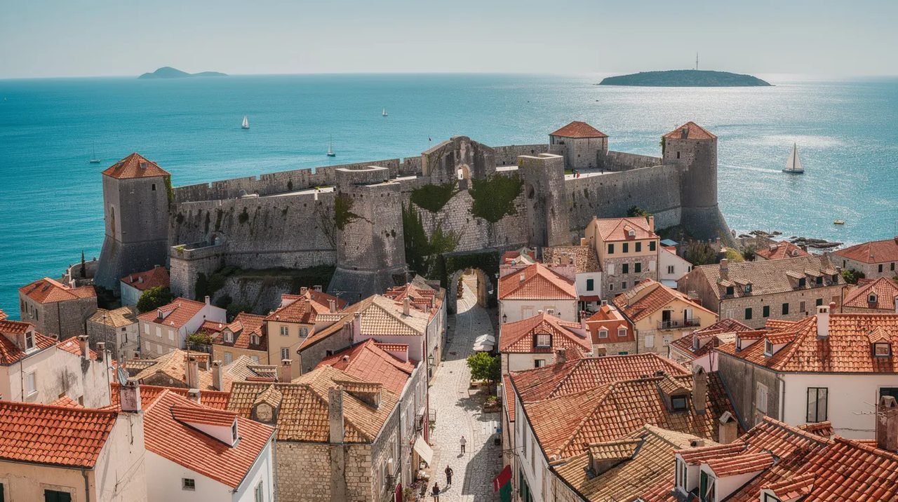 Vista panorâmica de uma cidade costeira na Croácia, com telhados vermelhos e o mar Adriático em um tom azul-turquesa ao fundo, cercada por muralhas antigas que delimitam o centro histórico. A imagem captura a atmosfera charmosa e histórica da cidade, evocando a rica herança cultural da região.
