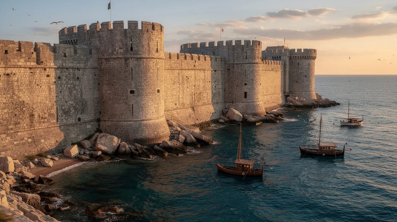 A imagem mostra as antigas muralhas de pedra da cidade de Dubrovnik, na Croácia, à beira do mar Adriático, com torres de defesa imponentes e pequenos barcos navegando nas águas azuis abaixo. Este cenário histórico reflete a rica herança cultural e a atmosfera única da cidade antiga, um dos principais pontos turísticos do país.