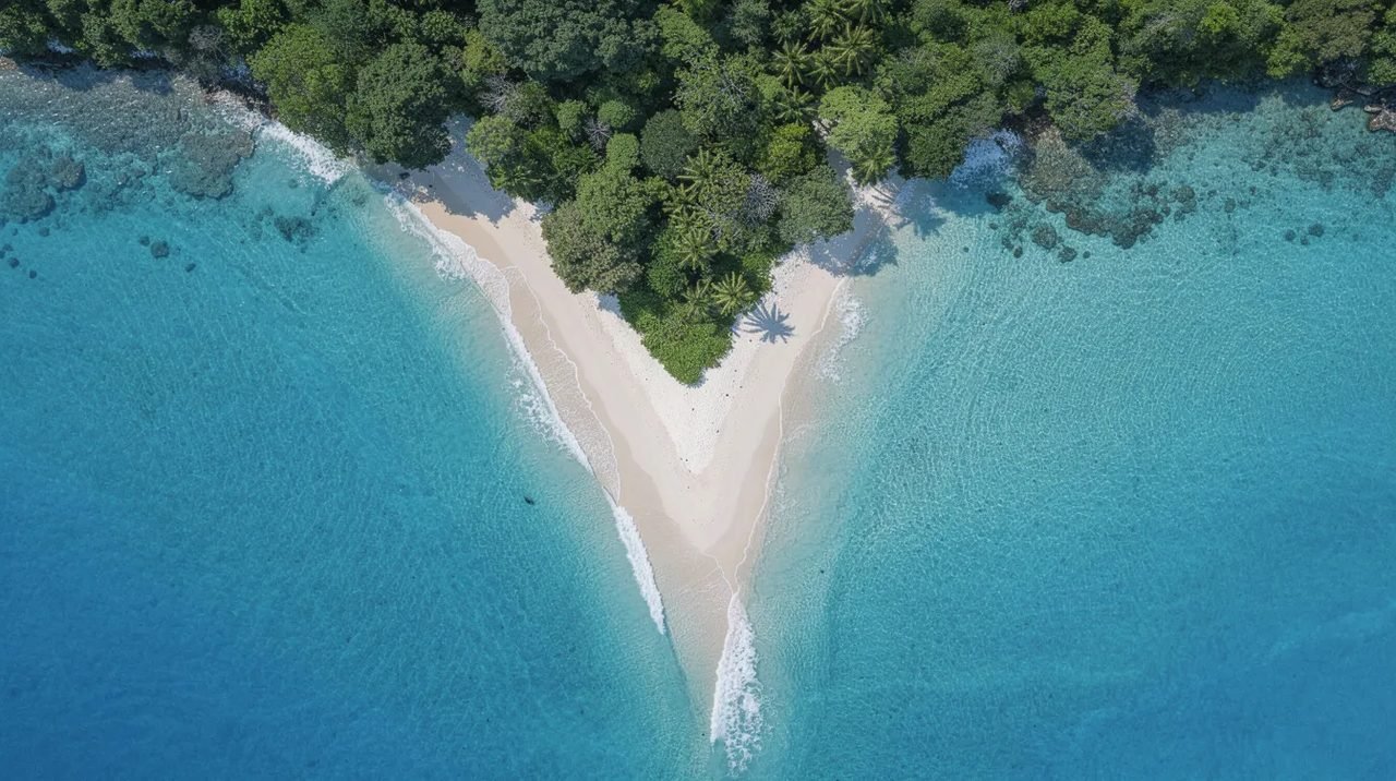 Vista aérea de uma praia em formato de ponta, avançando no mar azul cristalino da Croácia, cercada por vegetação verde exuberante. A imagem destaca a beleza natural da região, ideal para turismo e relaxamento.