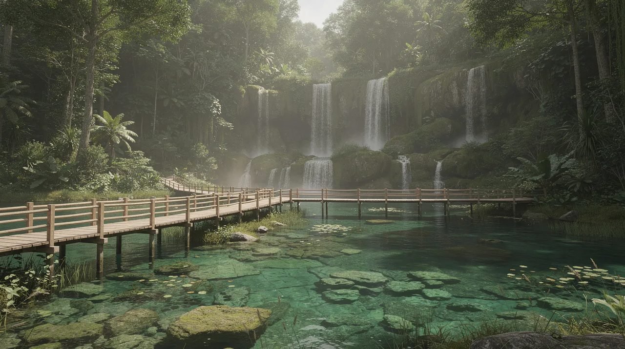 A imagem mostra passarelas de madeira que se estendem sobre lagos de água verde-esmeralda, com cachoeiras ao fundo, cercadas por uma densa floresta. Essa cena remete à beleza natural da Croácia, um país conhecido por suas paisagens deslumbrantes e atrativos turísticos.