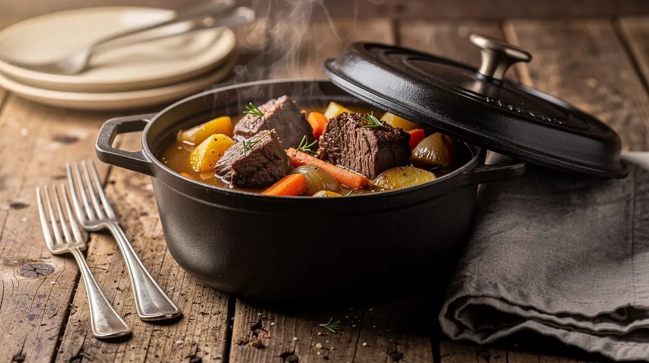 Imagem de um prato tradicional croata, com carne e vegetais cozidos lentamente em uma panela de ferro com tampa, servido em uma mesa rústica de madeira, evocando a atmosfera acolhedora da culinária da Croácia. O cenário simples e autêntico remete às tradições das cidades antigas, como Dubrovnik e Split.