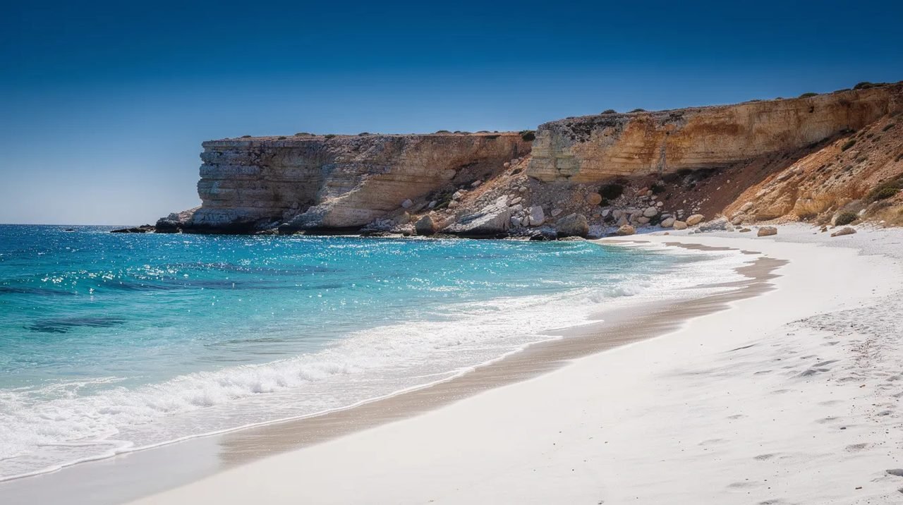 A imagem mostra uma praia de areia branca com águas azul turquesa, rodeada por falésias ao fundo em um dia ensolarado, representando um dos belos destinos do Caribe, como Curaçao. Este cenário é perfeito para quem busca relaxamento e experiências inesquecíveis em suas férias.