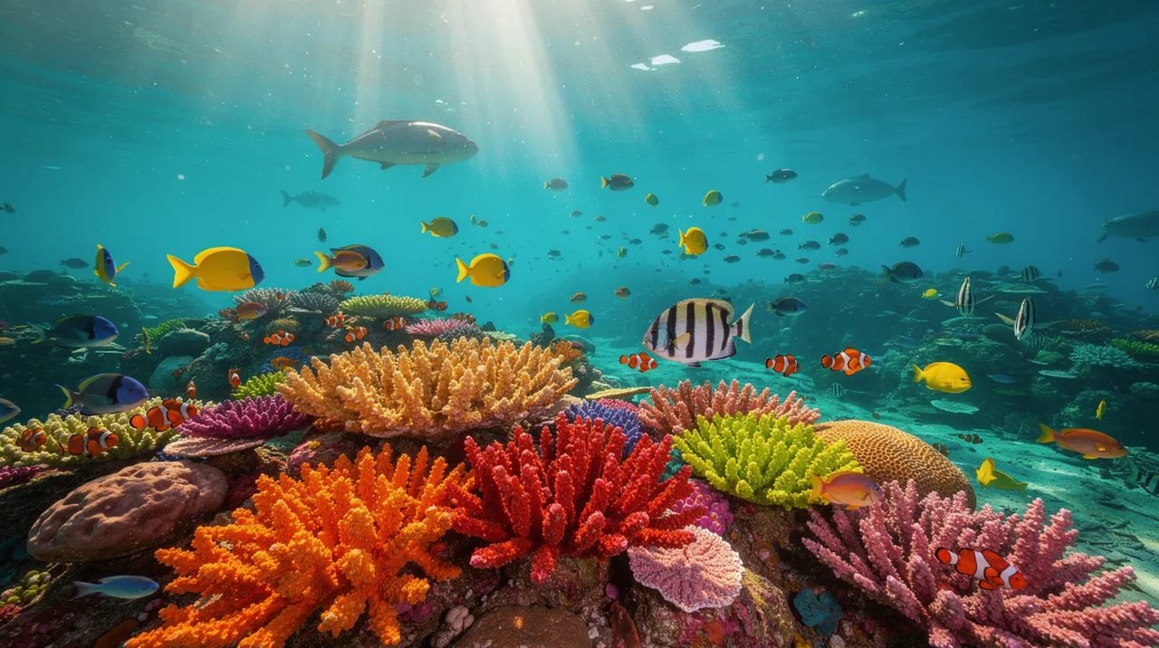 Imagem de um recife de corais coloridos em Curaçao, onde peixes tropicais nadam em águas cristalinas de tom azul turquesa, refletindo a beleza das praias caribenhas. A cena captura a diversidade da vida marinha, ideal para quem sonha com férias em um destino paradisíaco.