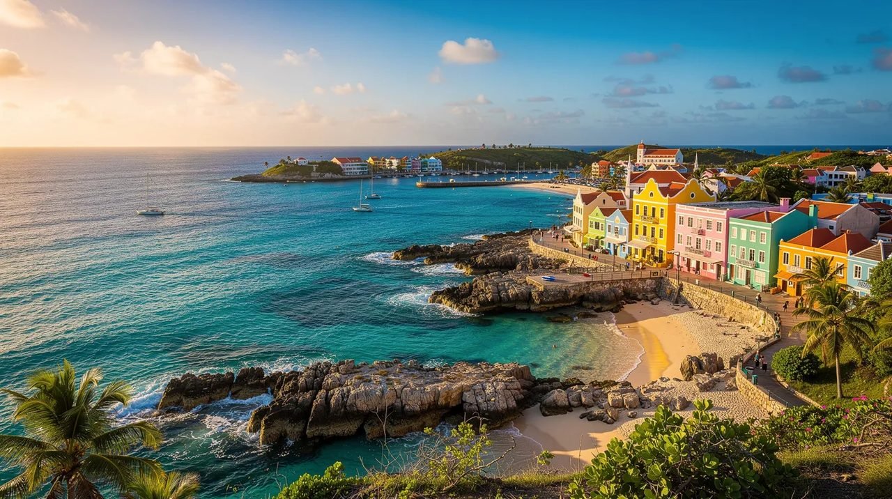 Uma vista deslumbrante de Curaçao no verão, com suas águas azul turquesa refletindo o sol, cercada por praias paradisíacas e uma arquitetura colorida típica de Willemstad. O cenário é perfeito para quem busca experiências inesquecíveis nas ilhas do Caribe.