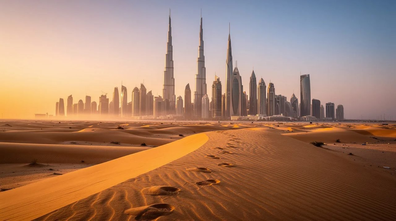 A imagem mostra uma vista impressionante de Dubai, com arranha-céus modernos, incluindo o icônico Burj Khalifa, ao fundo, enquanto em primeiro plano se destacam as dunas douradas do deserto. Essa cena captura a fusão entre a arquitetura urbana avançada dos Emirados Árabes Unidos e a beleza natural do deserto, um destino fascinante no Oriente Médio.