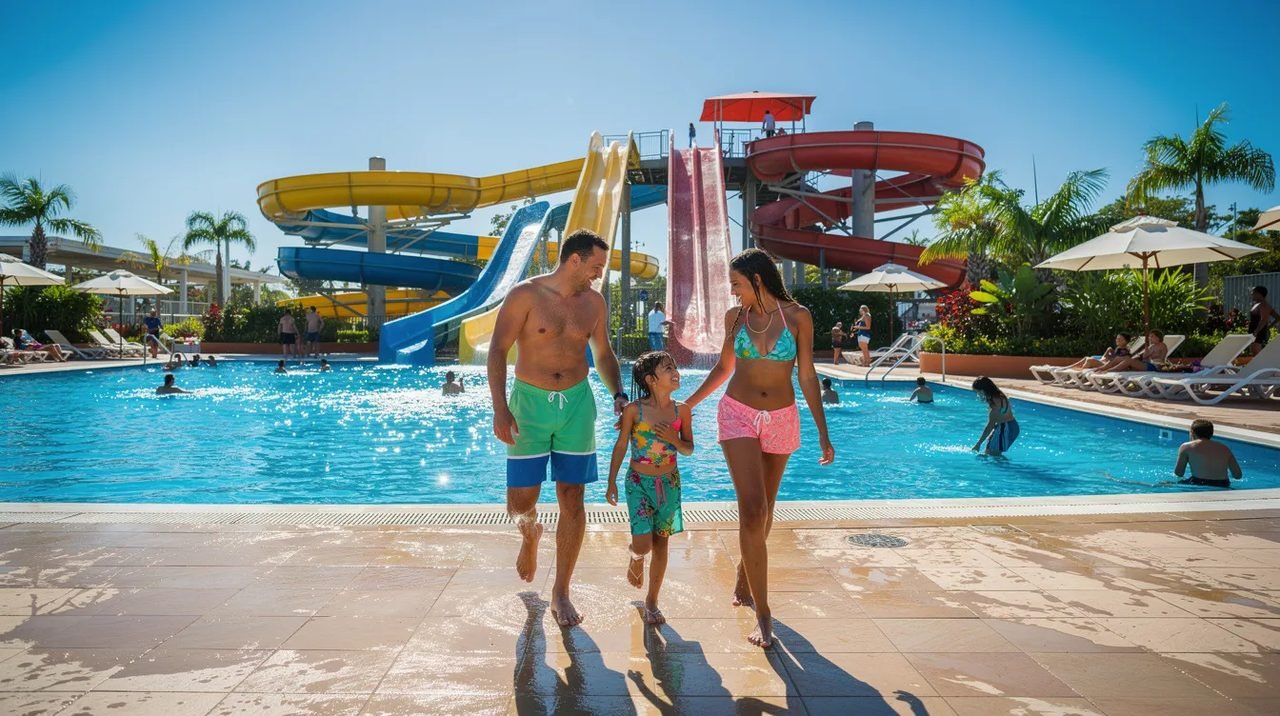 Uma família feliz caminha em um parque aquático, cercada por piscinas e toboáguas, sob um céu ensolarado, aproveitando um dia divertido em um dos destinos populares dos Emirados Árabes Unidos. O ambiente é vibrante, com turistas se divertindo e desfrutando das atividades aquáticas.
