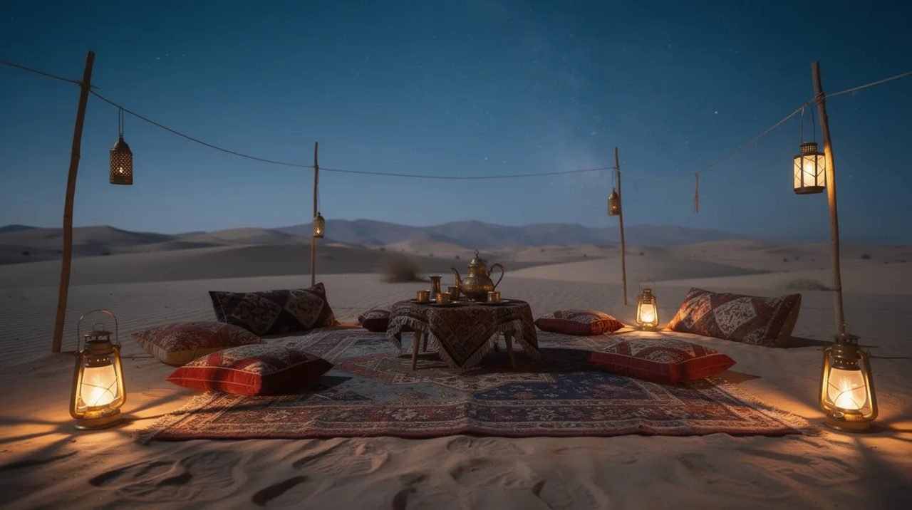 A imagem mostra um acampamento no deserto dos Emirados Árabes Unidos à noite, iluminado por lanternas. Ao fundo, as dunas de areia se destacam sob um céu estrelado, criando um ambiente mágico e acolhedor para os visitantes.