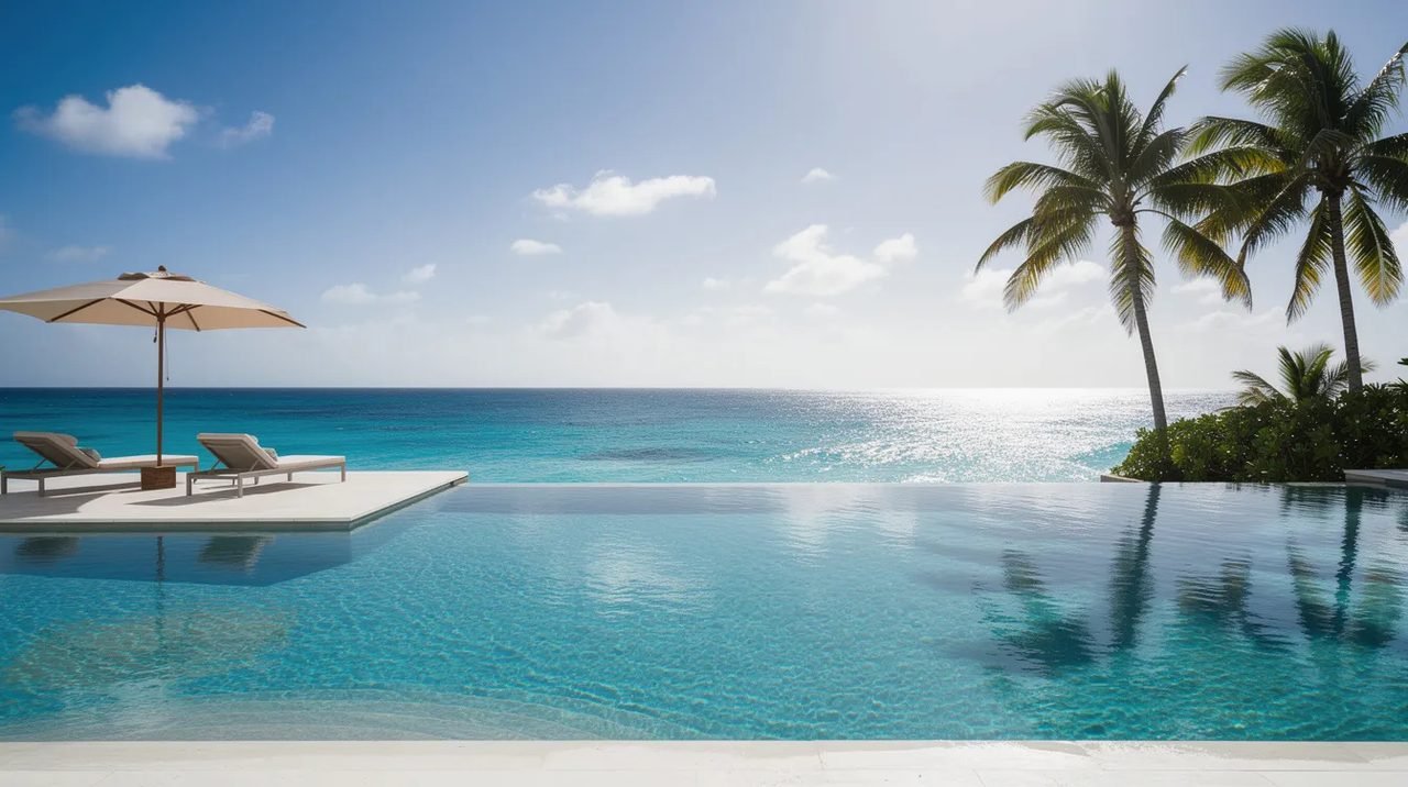 Imagem de uma piscina infinita em um resort de luxo, com vista deslumbrante para o oceano caribenho em um dia ensolarado. O cenário destaca a beleza das águas cristalinas e a atmosfera relaxante, ideal para hóspedes que buscam um destino perfeito em Cancún, no México.