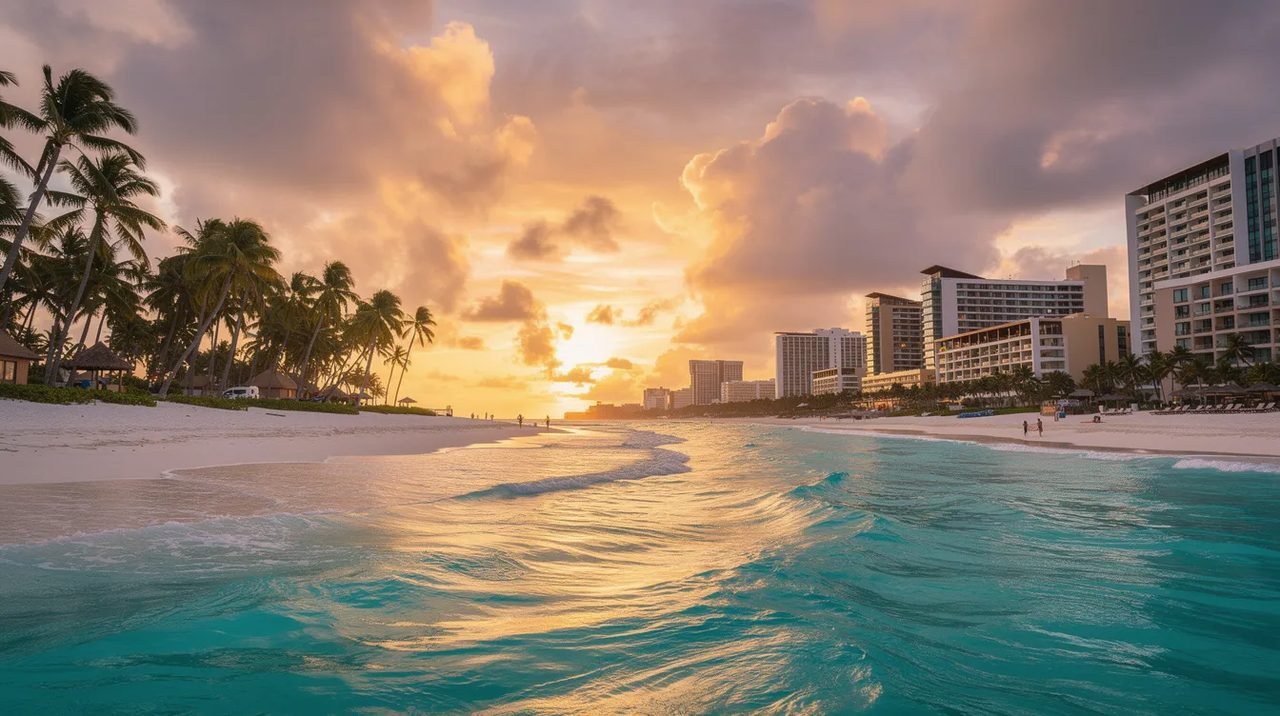 A imagem mostra uma vista deslumbrante de Cancún, com suas praias de areia branca e águas cristalinas, localizadas na famosa zona hoteleira. Ao fundo, é possível ver os imponentes hotéis e resorts que atraem turistas de todo o mundo, tornando este destino no México um lugar ideal para férias inesquecíveis.