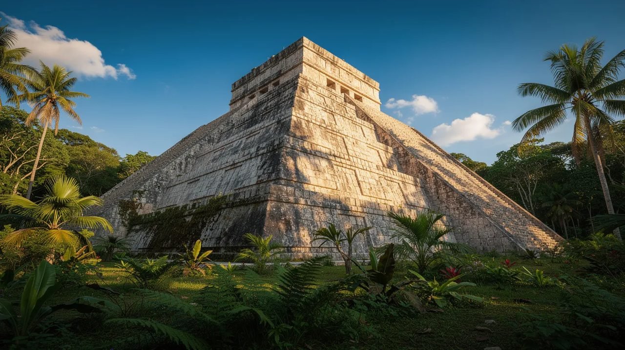 A imagem mostra uma antiga pirâmide maia, cercada por densa vegetação verde, sob um céu azul claro. Este sítio arqueológico, que remete à rica cultura do México, se destaca em meio à natureza exuberante da região.