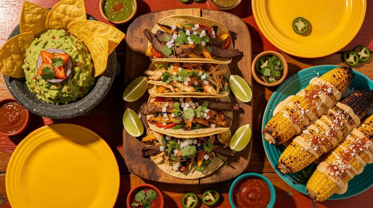 A imagem apresenta uma mesa colorida repleta de pratos típicos mexicanos, como tacos, guacamole e milho assado, evocando a rica cultura gastronômica do México. Este cenário vibrante é perfeito para um café da manhã em um destino turístico como Cancún, na Quintana Roo.