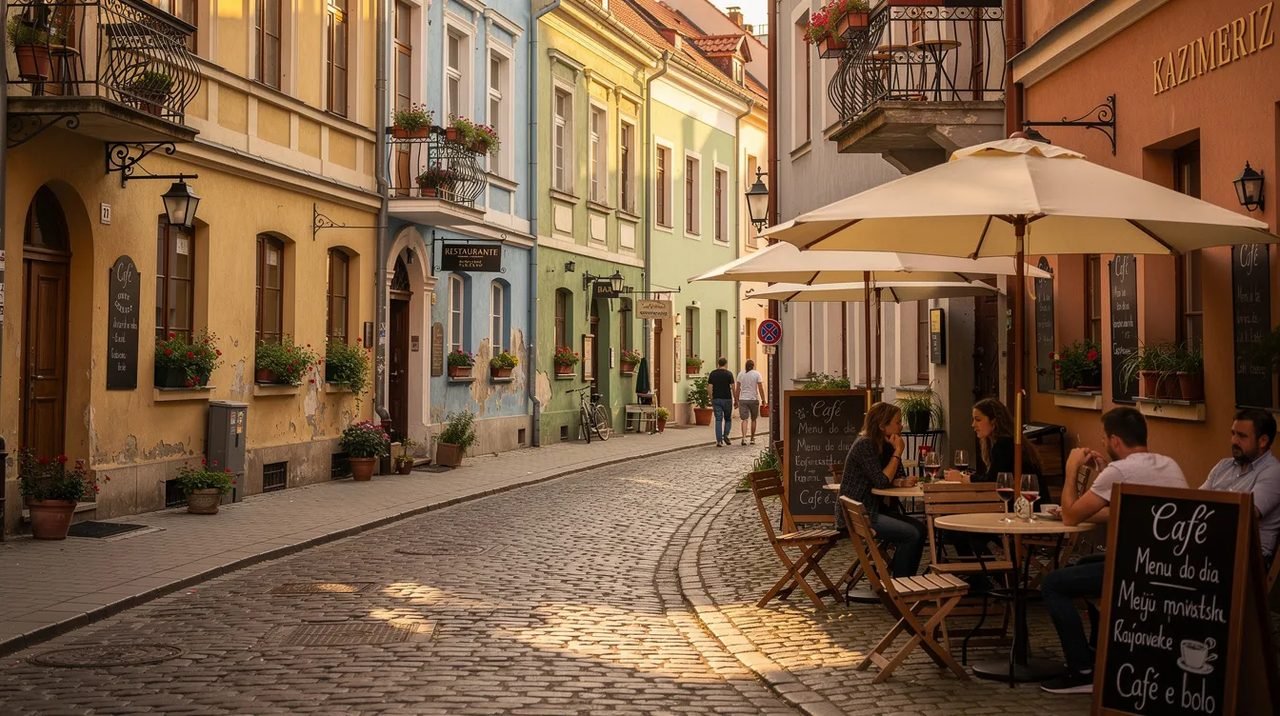 A imagem mostra uma charmosa rua no bairro de Kazimierz, em Cracóvia, com cafés ao ar livre e fachadas coloridas, refletindo a rica história judaica da região. O cenário é perfeito para turistas que desejam explorar a cultura e a beleza da Polônia.