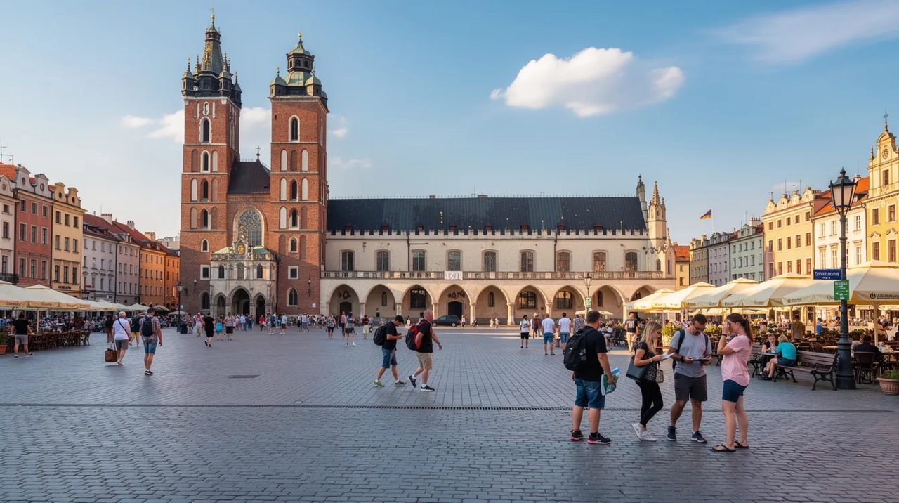 A imagem mostra a grande Praça do Mercado de Cracóvia, com a imponente Basílica de Santa Maria e o Mercado dos Tecidos ao fundo, enquanto turistas caminham e exploram o local. Este é um dos principais pontos turísticos da cidade, repleto de história e cultura polonesa.