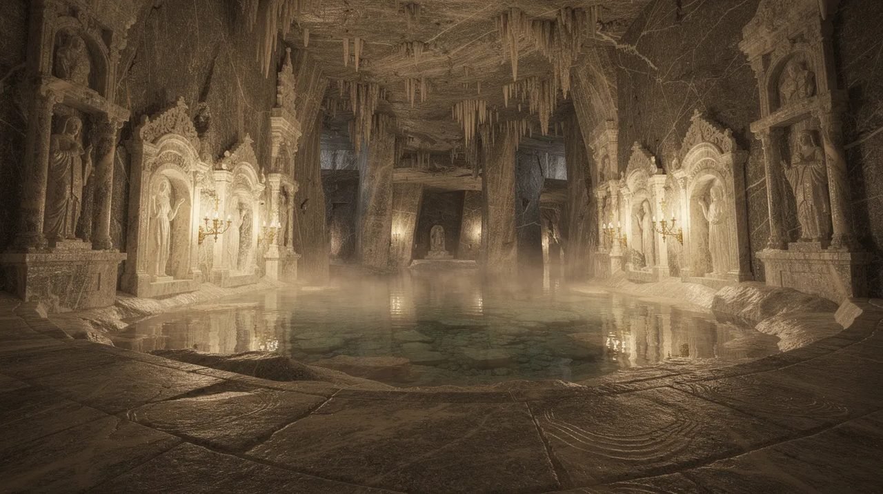 A imagem mostra o interior iluminado de uma câmara subterrânea nas Minas de Sal de Wieliczka, com esculturas detalhadas feitas de sal e um lago cristalino refletindo a luz suave do ambiente. Este local é um importante destino turístico na Polônia, conhecido por sua beleza e história.