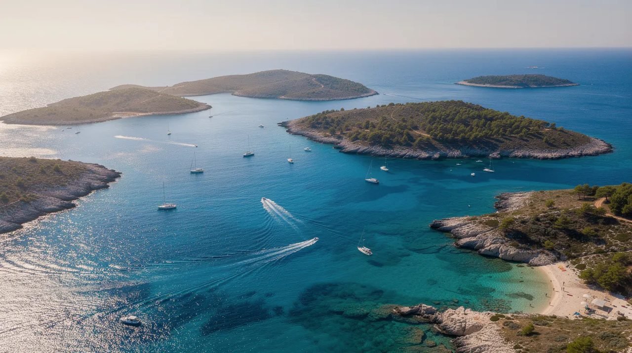 Vista aérea deslumbrante das ilhas croatas, com suas águas turquesa cristalinas e barcos navegando entre elas, destacando a beleza natural da região mediterrânea. Essa paisagem é um convite para explorar o turismo e a cultura croata.