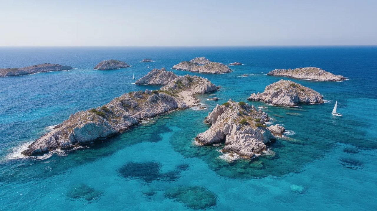 Vista aérea da costa croata, destacando ilhas rochosas que emergem de águas azul-turquesa do mar Adriático, com um cenário deslumbrante que reflete a beleza natural da região da Dalmácia. A imagem captura a harmonia entre o mar e as ilhas, criando um convite ao turismo e à exploração das cidades históricas próximas.