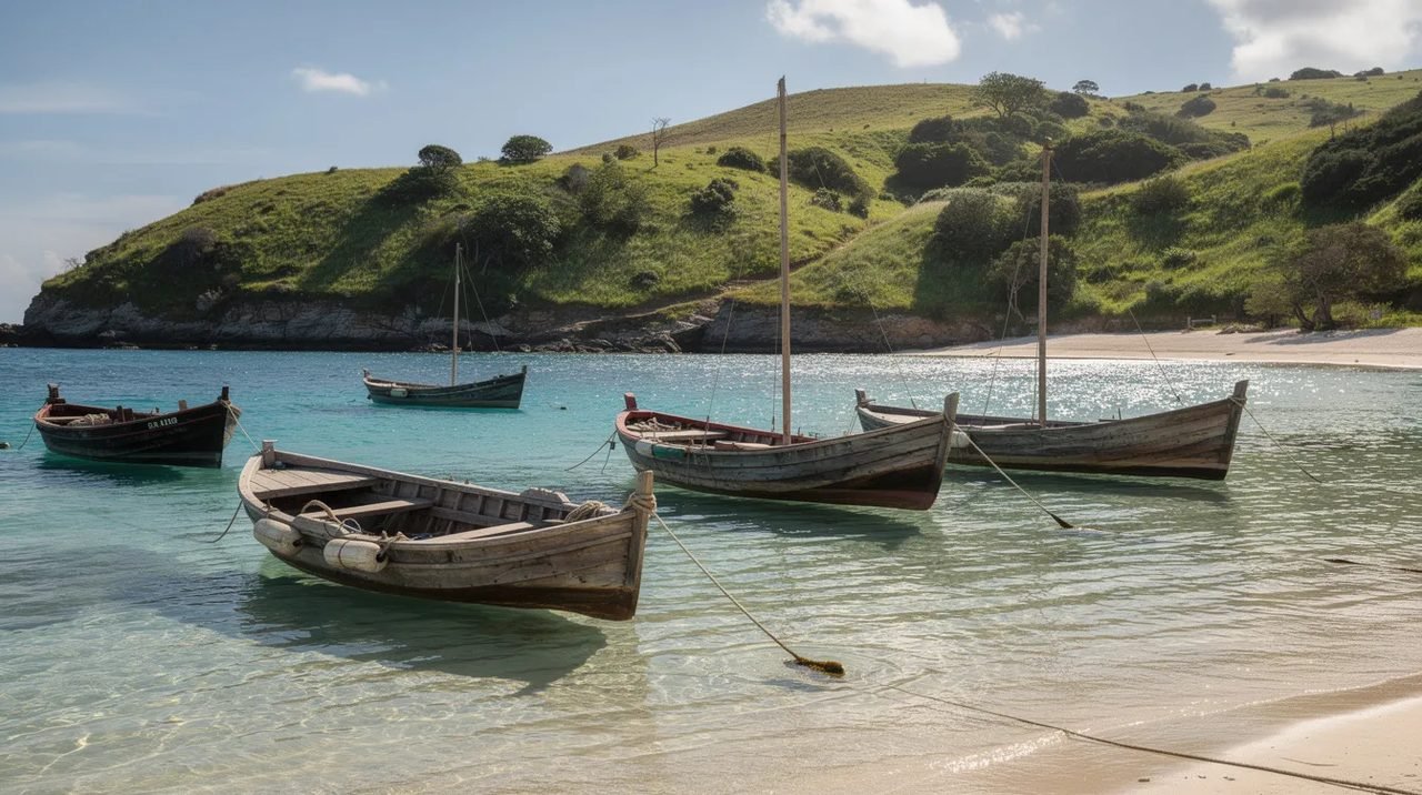 A imagem mostra barcos de madeira ancorados em uma enseada com águas cristalinas, cercados por colinas verdes, evocando a beleza natural da costa da Croácia. Ao fundo, a paisagem reflete a tranquilidade do mar Adriático, um destino popular entre turistas que visitam a região da Dalmácia.