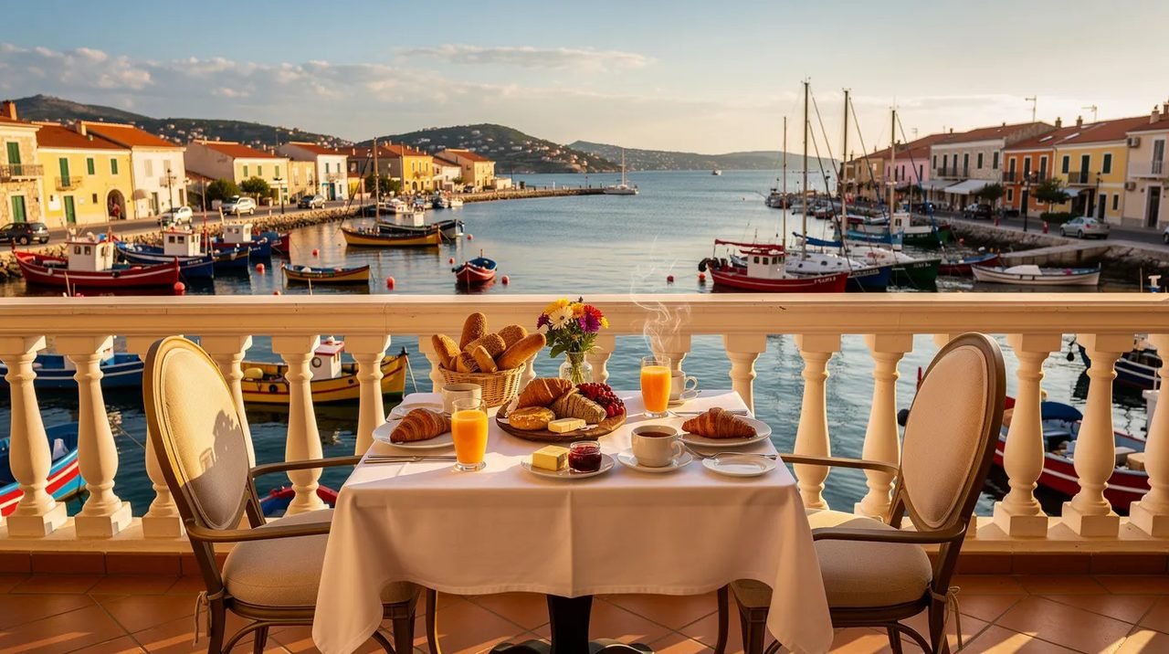 A imagem mostra uma varanda de hotel com uma mesa de café da manhã, oferecendo uma bela vista panorâmica de um porto mediterrâneo na Croácia, onde barcos coloridos flutuam nas águas do mar Adriático. Ao fundo, é possível ver a cidade antiga, com suas construções históricas que refletem a rica cultura da região.
