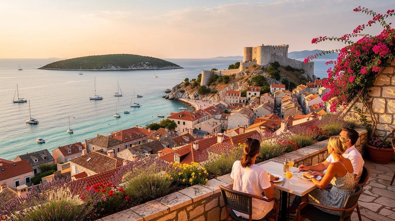 A imagem retrata a bela vista da ilha de Hvar, na Croácia, durante o verão, com suas praias de águas cristalinas do mar Adriático e o centro histórico da cidade antiga ao fundo, repleto de turistas desfrutando da atmosfera vibrante e das atrações locais.