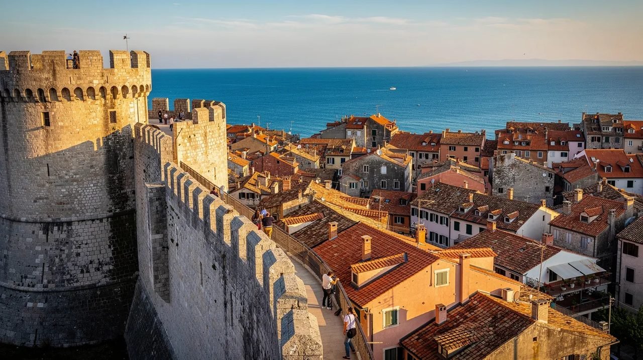 A imagem mostra as muralhas medievais de uma cidade costeira na Croácia, com telhados alaranjados em contraste com o azul profundo do mar Adriático ao fundo. A cena evoca a rica história e a beleza da região da Dalmácia, destacando a arquitetura antiga e a atmosfera encantadora do local.