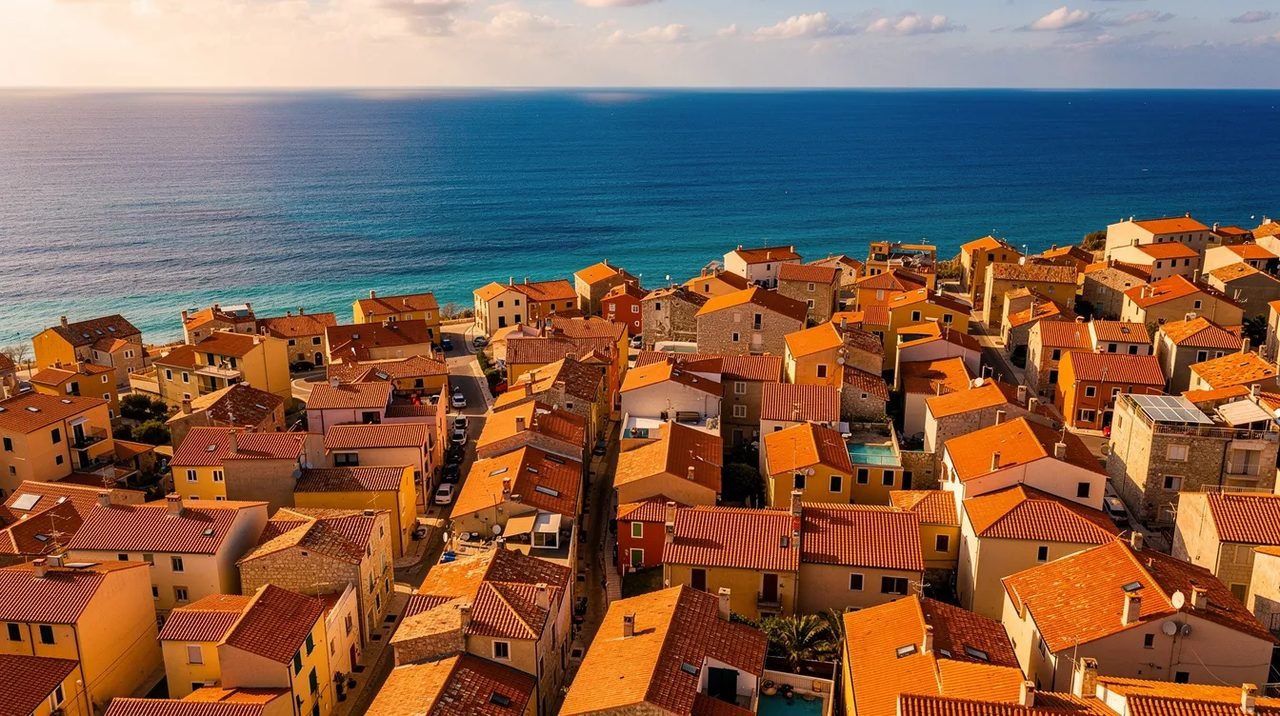 A imagem mostra uma cidade costeira com telhados alaranjados sob a luz do sol, enquanto ao fundo se vê um mar azul vibrante. Essa cena evoca a beleza de destinos turísticos, como os encontrados na Croácia, perfeitos para uma viagem em família.