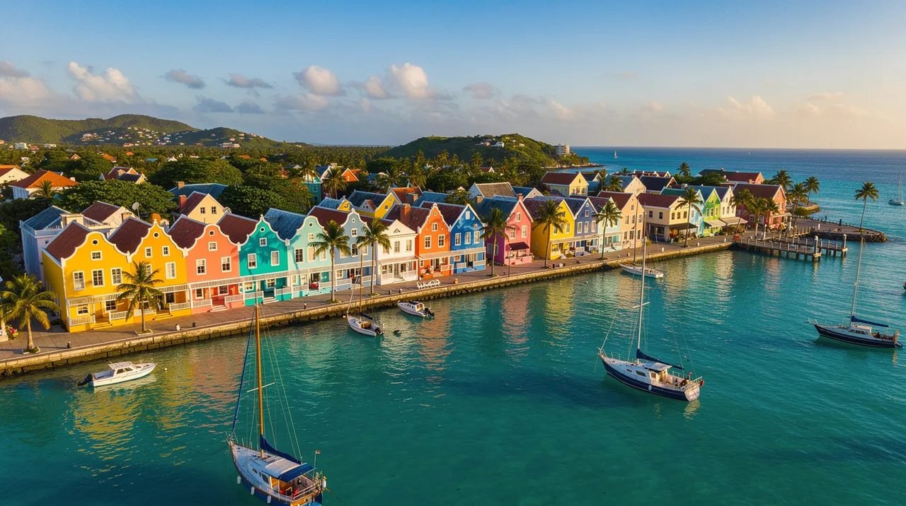 Vista aérea de casas coloridas em estilo colonial holandês à beira-mar, com barcos ancorados em uma baía caribenha de águas azul turquesa, representando o charme do centro histórico de Willemstad, na ilha de Curaçao. Essa paisagem vibrante é um destino popular para turistas em busca de praias paradisíacas e experiências culturais.