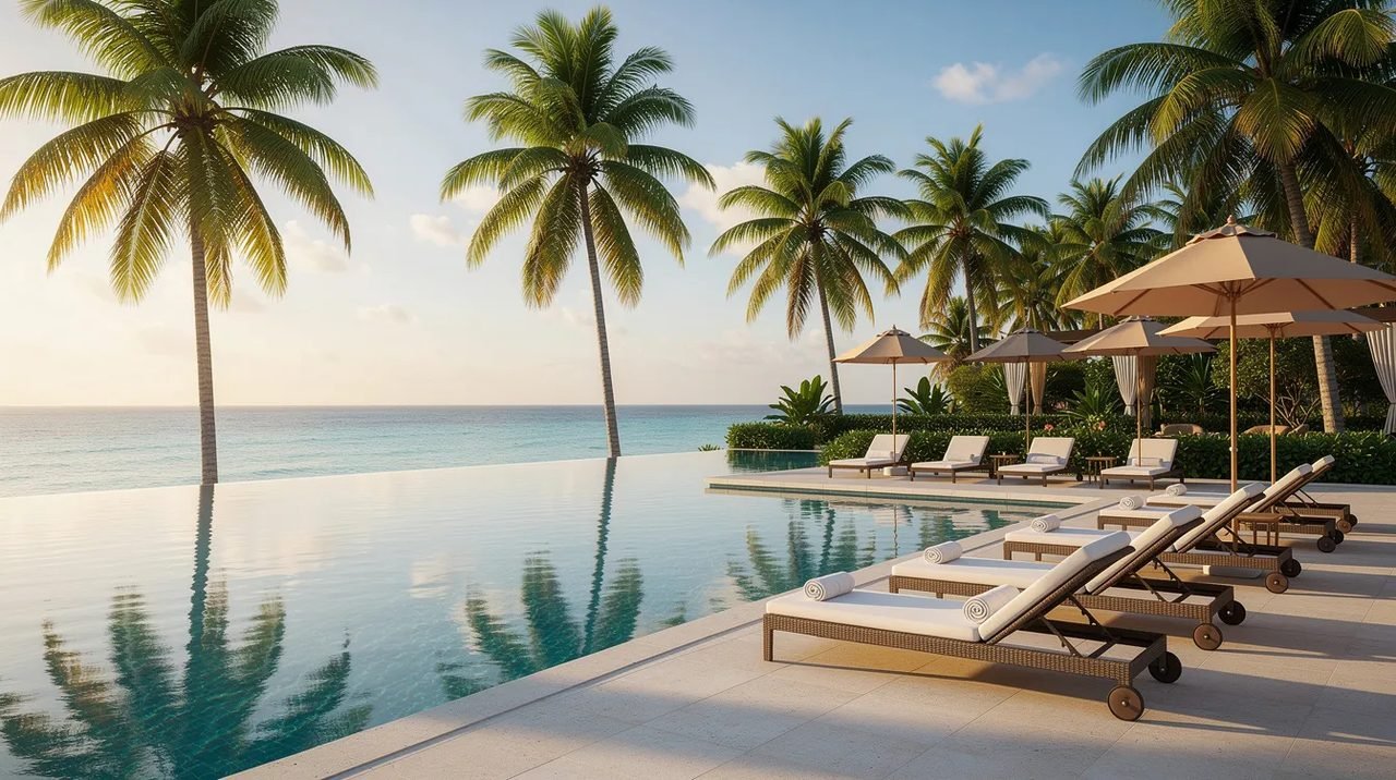 Imagem de uma piscina em um resort tropical, cercada por espreguiçadeiras e palmeiras, com águas cristalinas do mar ao fundo, evocando a atmosfera paradisíaca das ilhas caribenhas, como Curaçao. Este cenário perfeito é ideal para quem busca relaxar e desfrutar das férias em um destino de sonho.