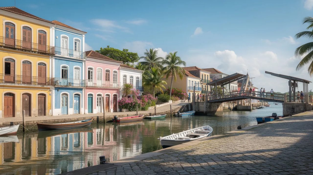 A imagem mostra casas coloniais coloridas em tons vibrantes de amarelo, azul e rosa, localizadas à beira de um canal em Willemstad, Curaçao, com uma ponte flutuante ao fundo. Este cenário encantador é um exemplo da diversidade cultural e do patrimônio mundial da ilha caribenha, ideal para quem busca experiências únicas durante a viagem.