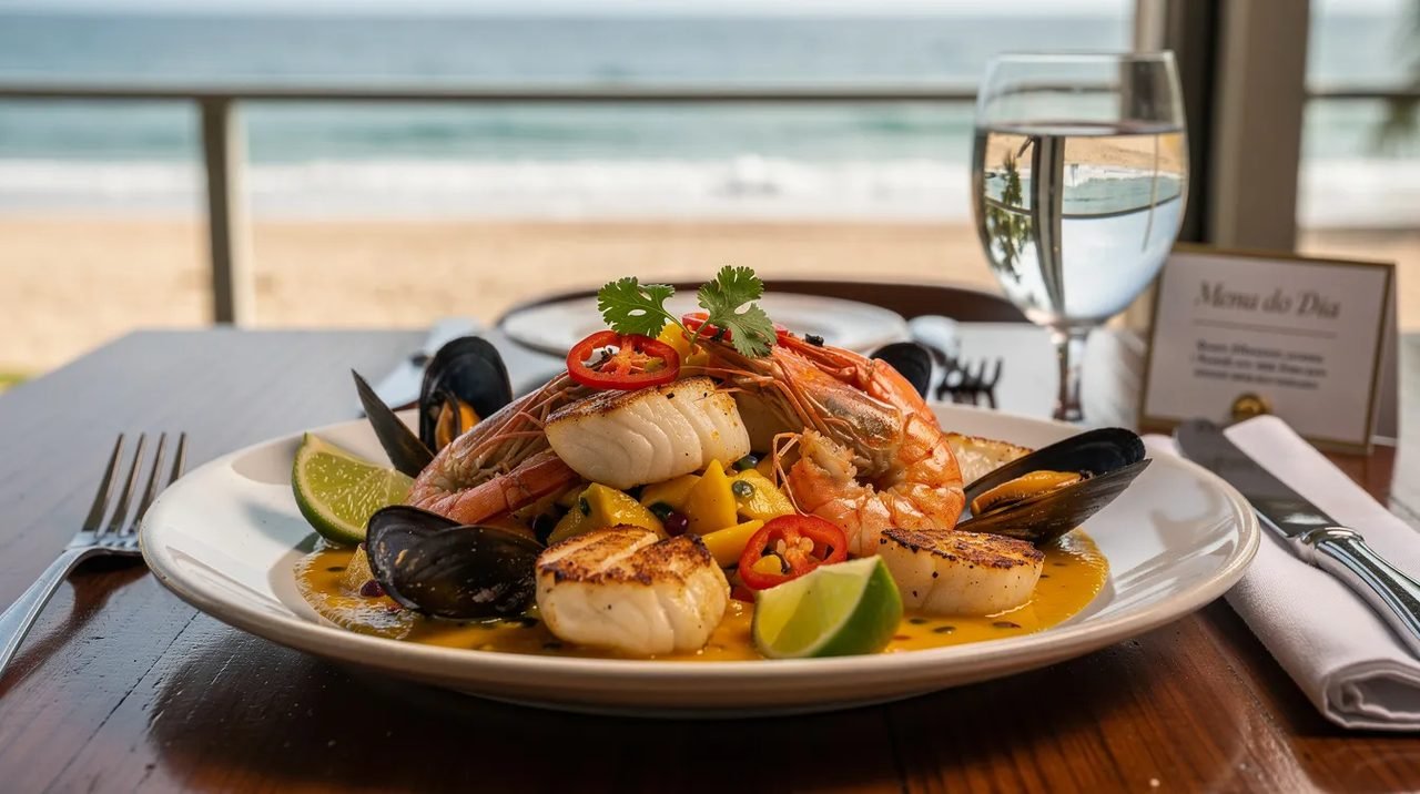 Um prato vibrante de frutos do mar, acompanhado de um molho tropical, está servido em uma mesa de restaurante à beira-mar, com vista para as águas azul turquesa do Caribe. O ambiente evoca a atmosfera relaxante e cheia de sabores da ilha de Curaçao, um destino popular entre turistas em busca de experiências gastronômicas e paisagens paradisíacas.