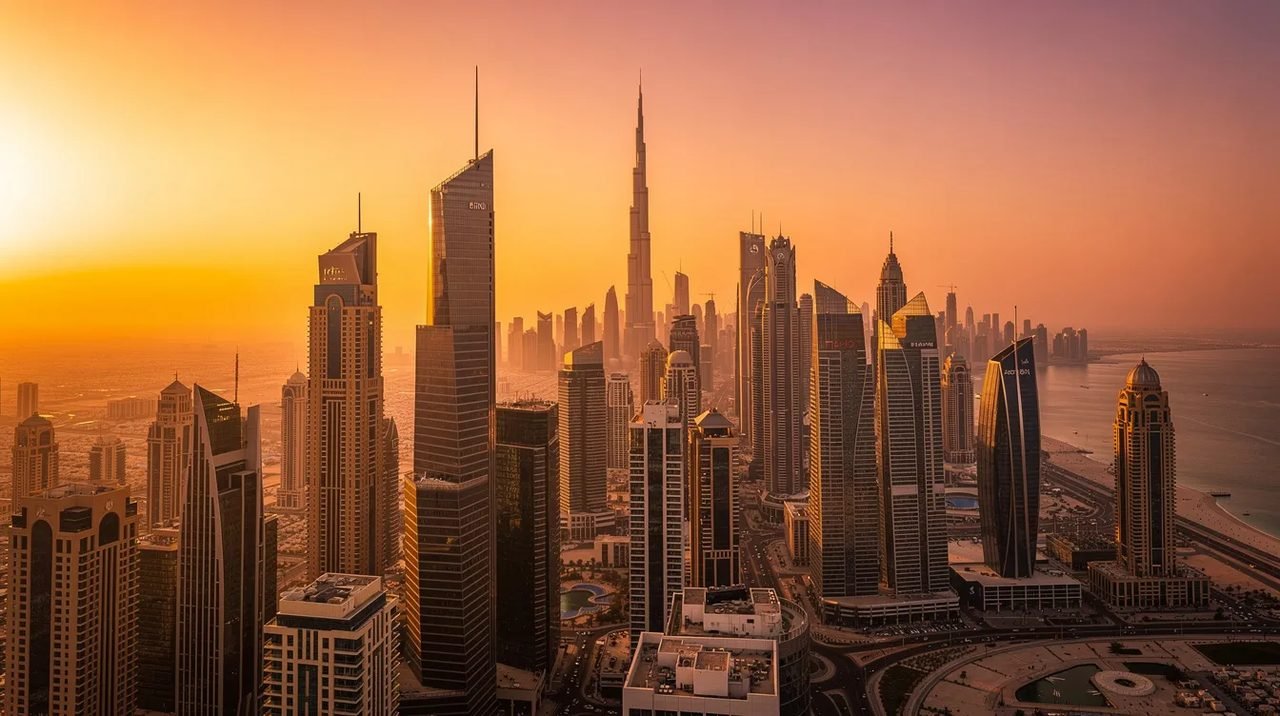 Vista panorâmica de Dubai ao pôr do sol, com arranha-céus imponentes contra um céu alaranjado, refletindo a modernidade e a grandiosidade da cidade nos Emirados Árabes Unidos. O Burj Khalifa se destaca entre os edifícios, simbolizando a ambição e o desenvolvimento da região.