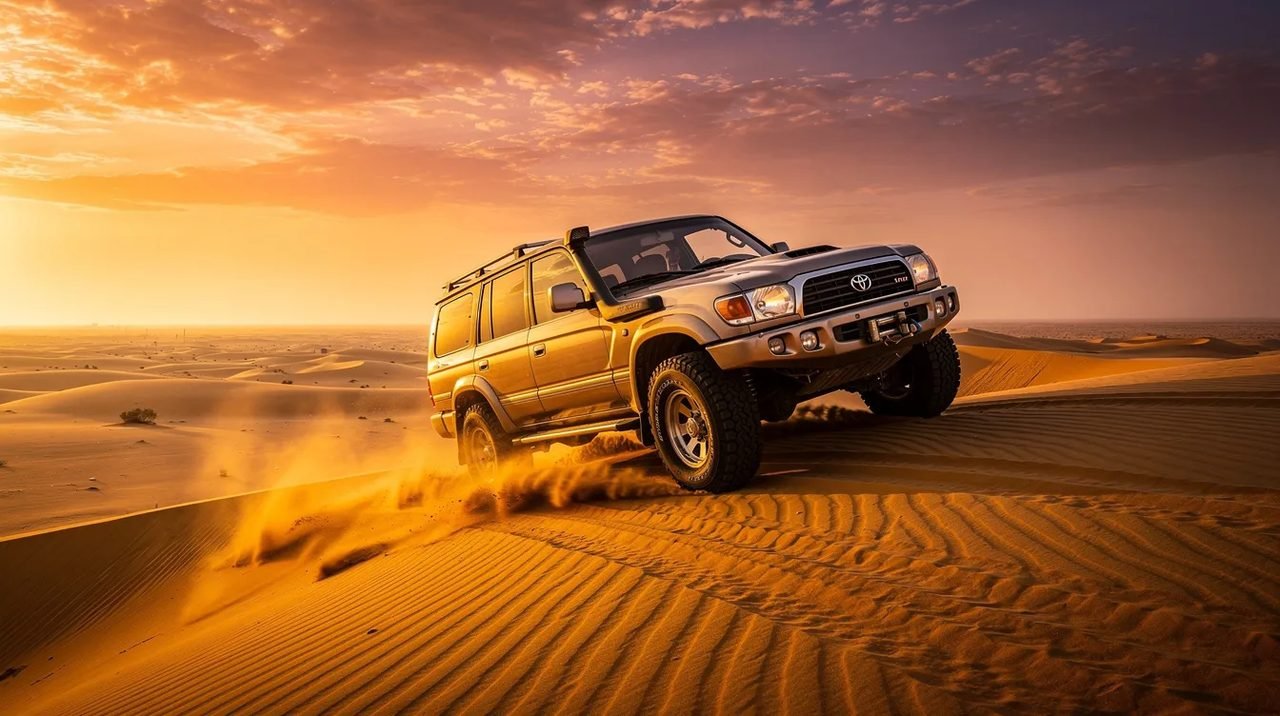 Um veículo 4x4 atravessa dunas douradas no deserto de Dubai, enquanto o sol se põe no horizonte, criando um cenário deslumbrante com sombras longas e tons alaranjados. Essa aventura no deserto é uma experiência única para os visitantes dos Emirados Árabes Unidos.