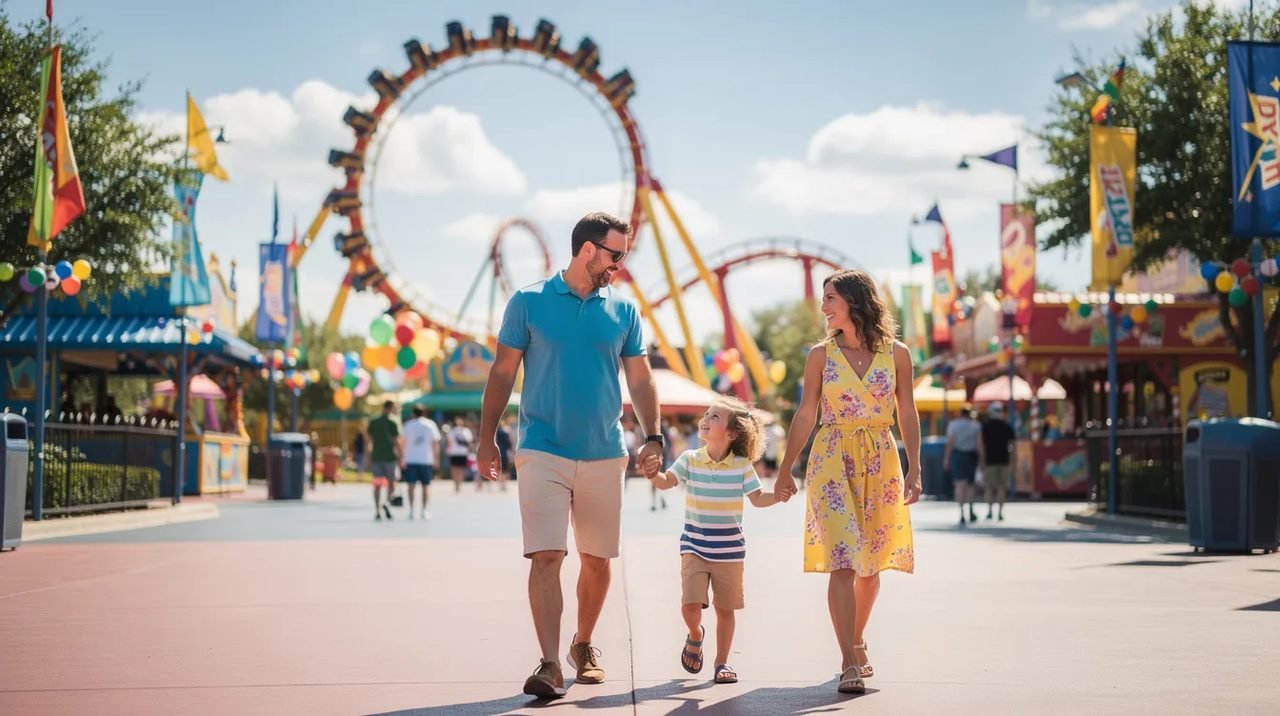Uma família feliz caminha por um parque temático vibrante, com uma montanha-russa colorida ao fundo, rodeada por diversas atrações emocionantes. O ambiente é alegre e cheio de visitantes, refletindo a diversão e a aventura que esse destino oferece.