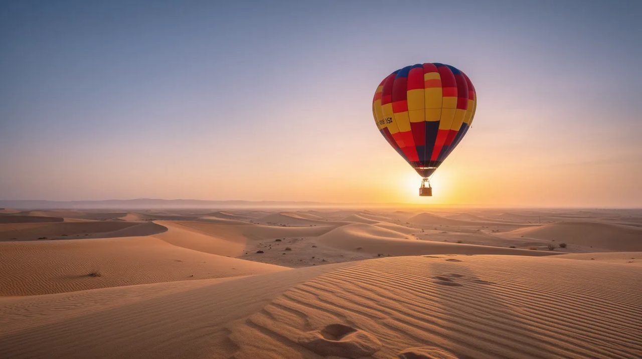 Um balão de ar quente colorido flutua suavemente sobre dunas douradas ao amanhecer, iluminadas pela luz suave do sol nascente. A cena captura a beleza do deserto dos Emirados Árabes Unidos, evocando uma sensação de aventura e tranquilidade.