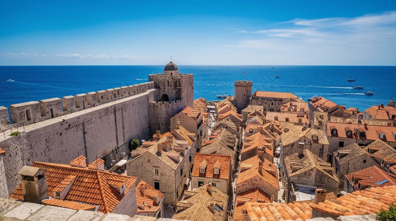 Vista panorâmica das imponentes muralhas medievais de Dubrovnik, na Croácia, com o mar Adriático reluzindo ao fundo em um dia ensolarado. Essa imagem captura a beleza histórica da cidade, que é um importante destino turístico na região.
