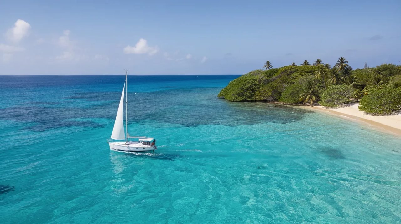 Um barco navega em águas cristalinas azul-turquesa, próximo a uma ilha coberta de vegetação verde exuberante. Esta cena paradisíaca é um exemplo perfeito dos belos destinos da Croácia, ideal para uma estadia relaxante.