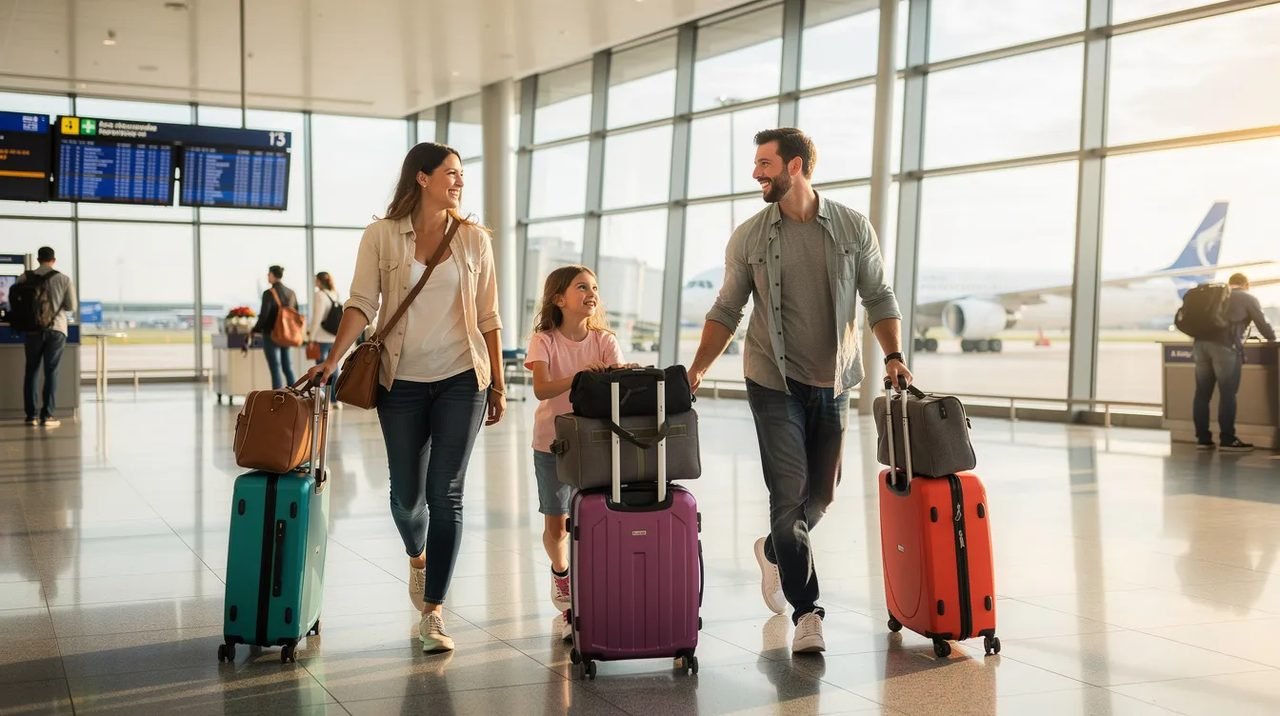 Uma família sorridente caminha por um aeroporto moderno, carregando malas de viagem, enquanto se prepara para embarcar em uma nova aventura. Eles estão animados com os destinos que explorarão e as experiências que viverão juntos.