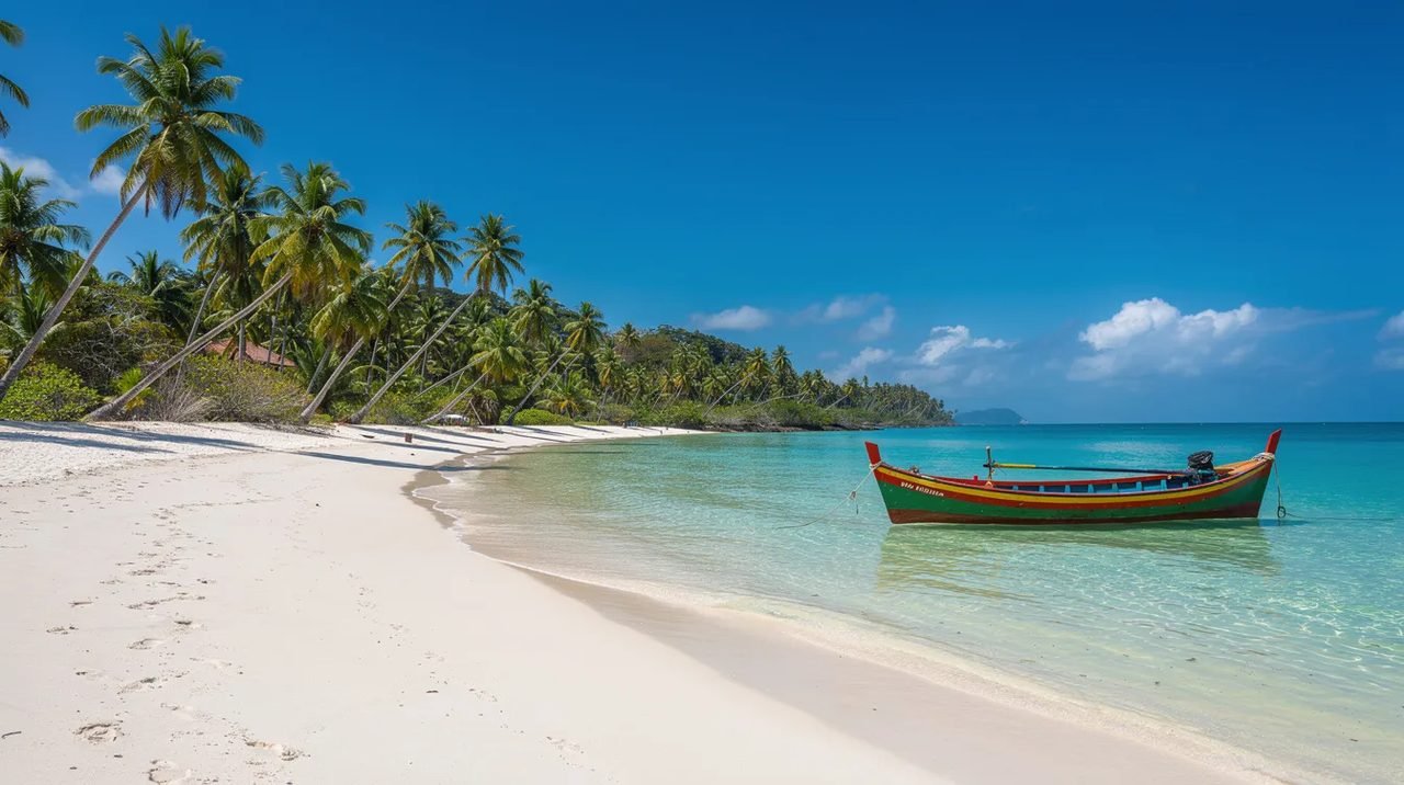 Praia brasileira com água cristalina e areia branca, cercada por coqueiros, onde um barco colorido está ancorado perto da costa, criando um cenário perfeito para férias em família. Essa imagem evoca a experiência de turismo e viagens em destinos paradisíacos do Brasil.