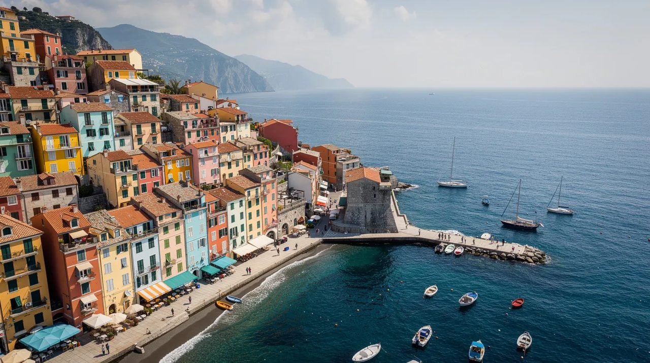 A imagem mostra uma vista aérea de uma cidade costeira europeia, onde casas coloridas se espalham em direção ao mar azul. Essa cena vibrante evoca a experiência de turismo em destinos encantadores, perfeita para quem planeja suas próximas viagens em família.