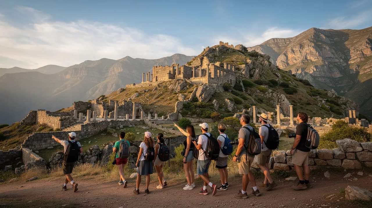 Um grupo de turistas está em um passeio guiado, admirando uma bela paisagem montanhosa com ruínas antigas ao fundo, proporcionando uma experiência única de turismo e descoberta. A cena transmite a sensação de aventura e conexão com a história do destino.