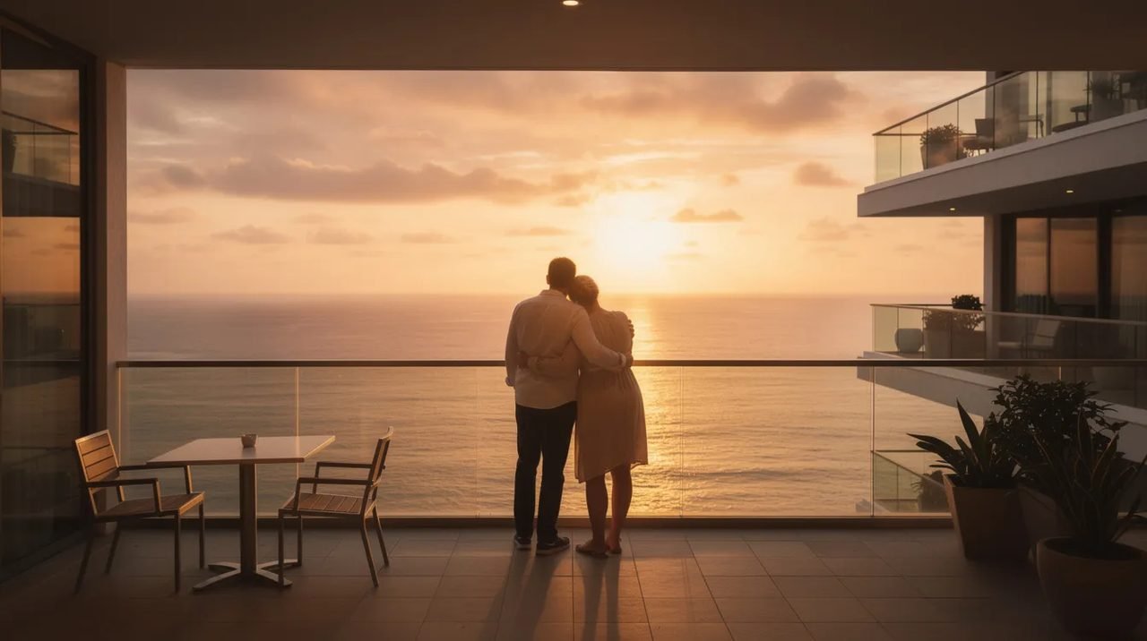 Um casal está sentado na varanda de um hotel, admirando o pôr do sol sobre o mar, com cores vibrantes de laranja e rosa no céu. A cena transmite uma sensação de tranquilidade e romance, ideal para quem busca experiências de turismo e viagens inesquecíveis.