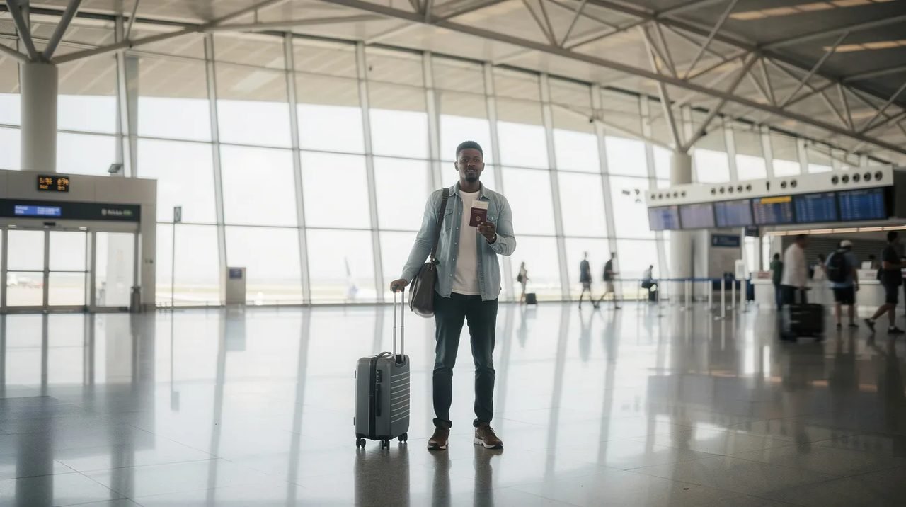Um viajante está em um terminal de aeroporto moderno, segurando uma mala e um passaporte, enquanto a luz natural ilumina o ambiente. A cena evoca a sensação de preparação para uma nova viagem, repleta de destinos e oportunidades ao redor do mundo.