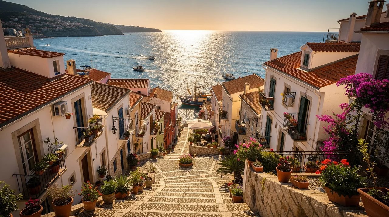 Imagem de uma cidade costeira do Mediterrâneo, iluminada pelo sol, com telhados de terracota e o mar azul ao fundo, evocando a beleza das ilhas Canárias e a tranquilidade de Santa Cruz de Tenerife. Esta cena retrata um ambiente vibrante, ideal para o turismo e apreciação das tradições locais.