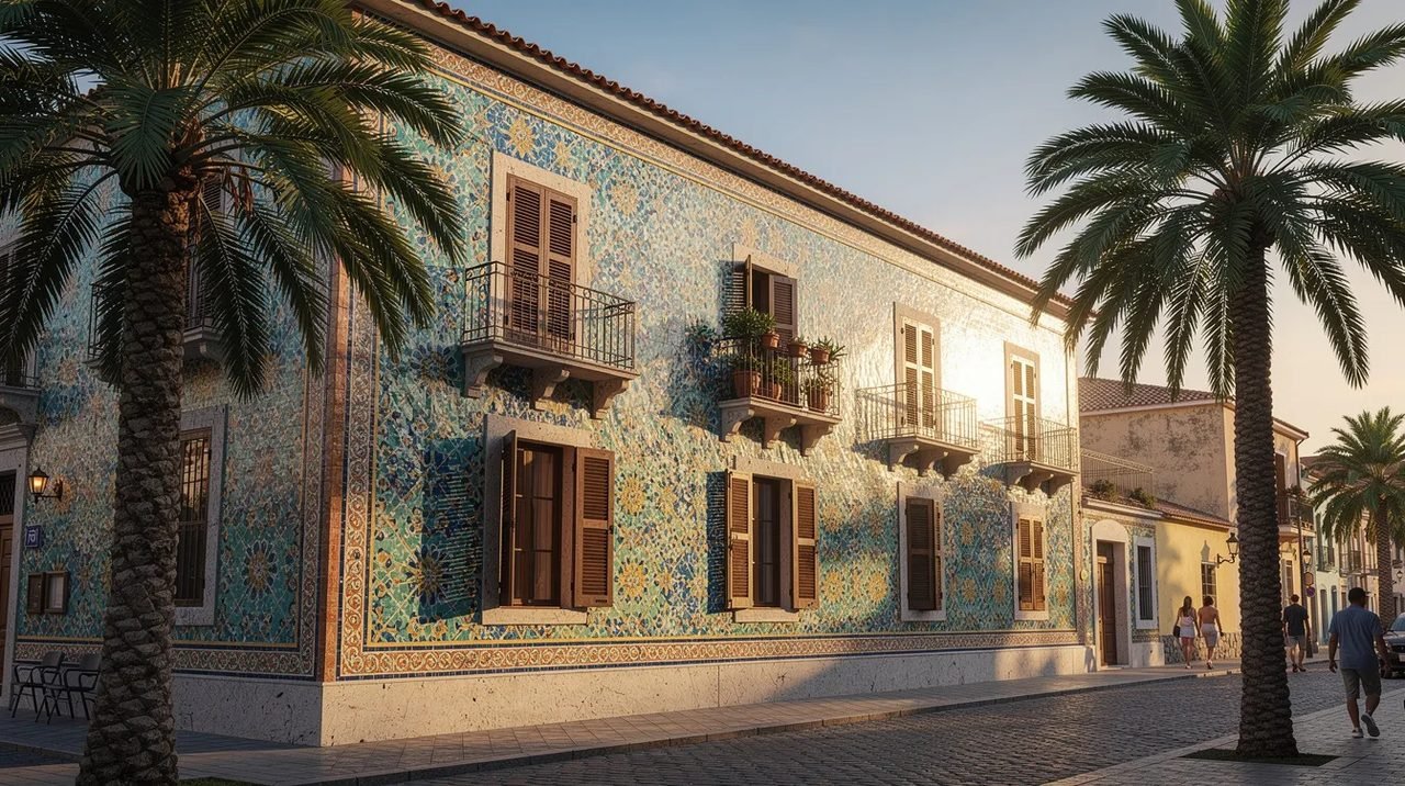 A imagem mostra uma fachada de edifício colorida, coberta por um mosaico vibrante, localizada em uma cidade mediterrânea, cercada por palmeiras. O ambiente reflete a atmosfera alegre e turística típica das ilhas Canárias, como Santa Cruz de Tenerife.