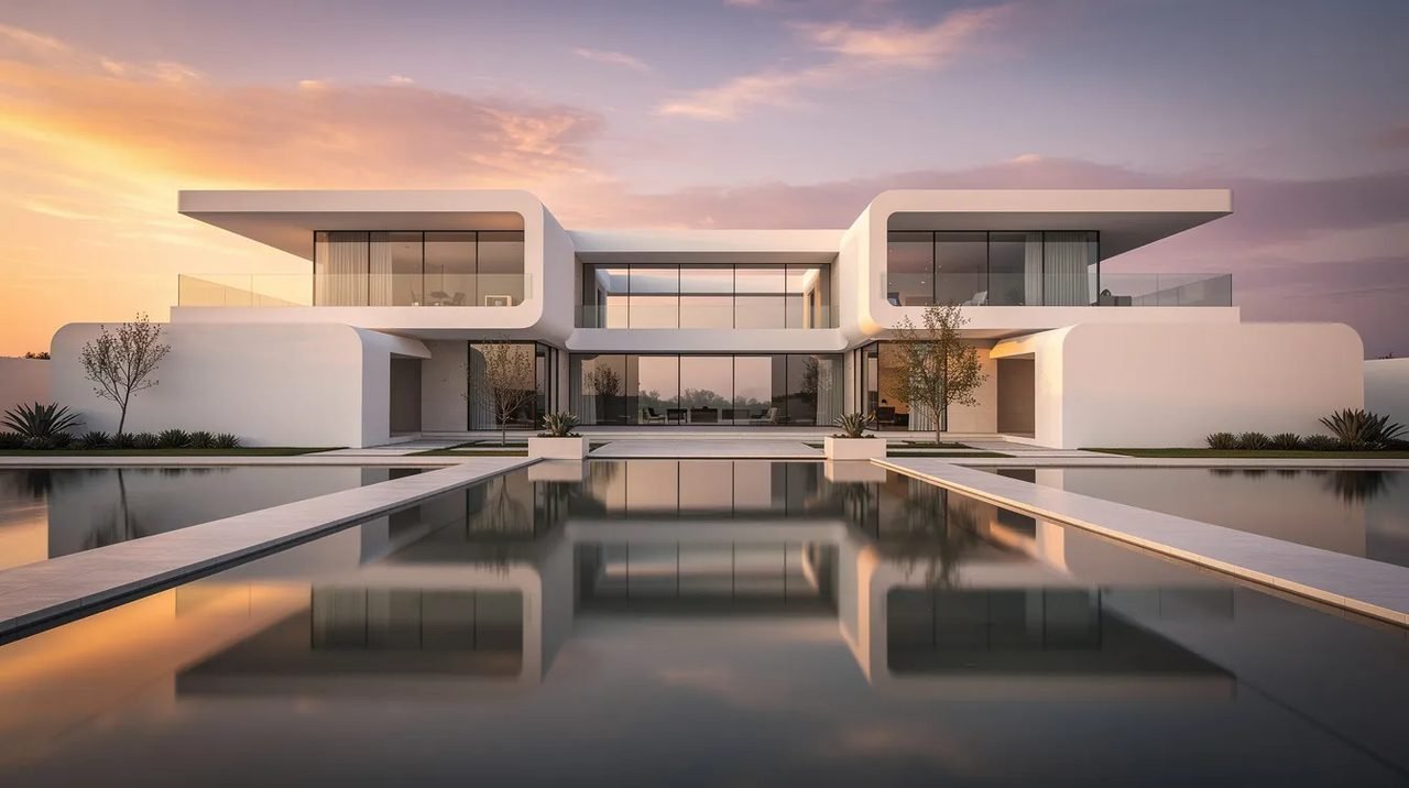 Imagem de um complexo de edifícios futuristas em branco, refletido em uma piscina de água calma ao pôr do sol. O cenário transmite uma atmosfera serena e moderna, destacando a beleza arquitetônica em um ambiente que pode lembrar as ilhas Canárias, como Tenerife.