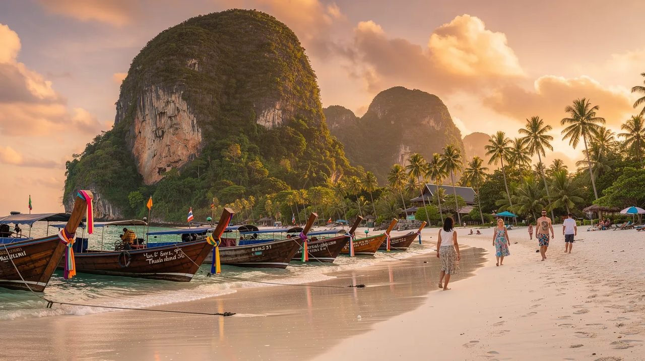 Imagem que retrata uma bela paisagem da Tailândia, destacando as ilhas paradisíacas e a rica vegetação tropical. Ao fundo, pode-se ver um barco ancorado próximo à costa, simbolizando as opções de passeios e estadias que atraem viajantes de todo o mundo.