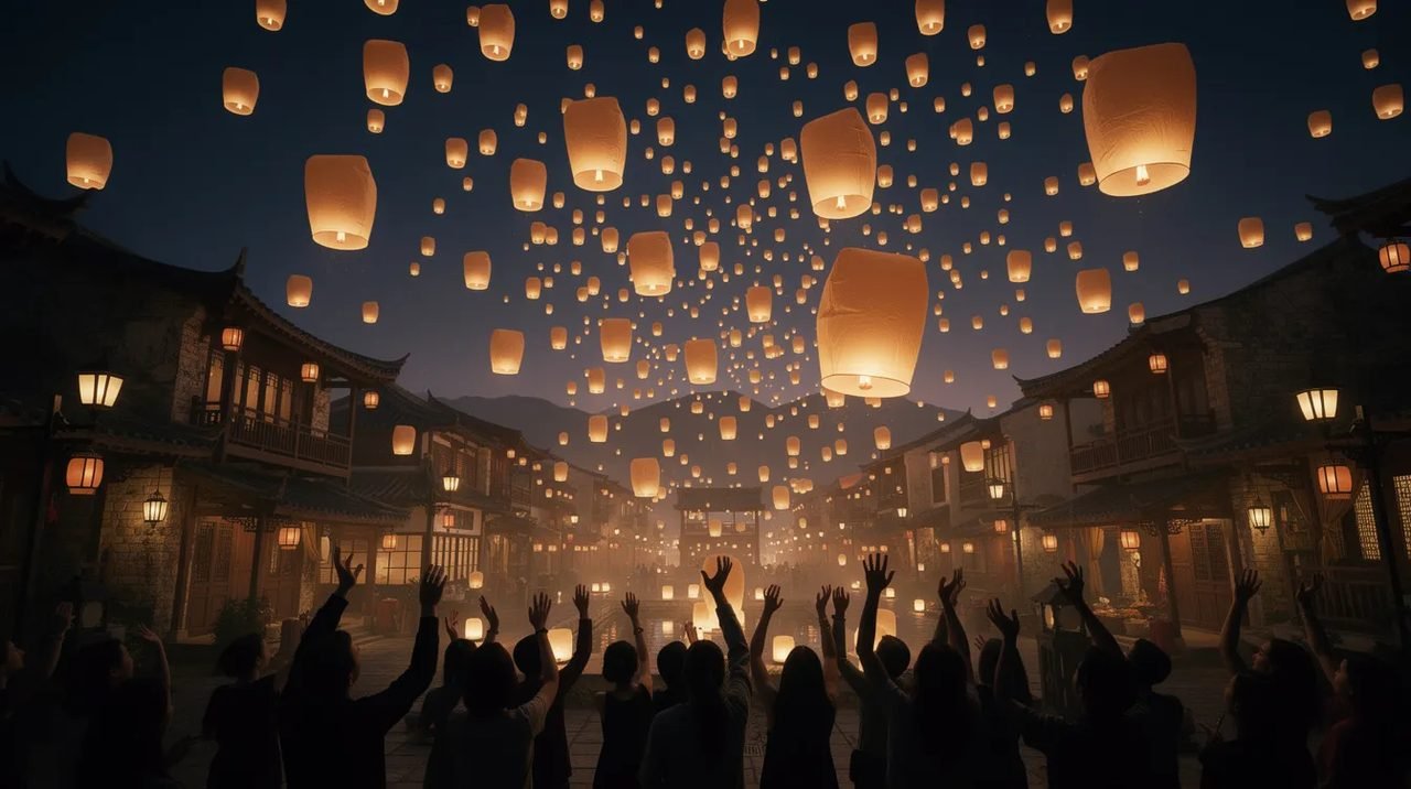 A imagem mostra milhares de lanternas de papel iluminadas subindo no céu noturno sobre uma cidade antiga, enquanto silhuetas de pessoas erguem as mãos para soltá-las. Este espetáculo encantador evoca a atmosfera mágica da Tailândia, repleta de tradições e celebrações culturais.
