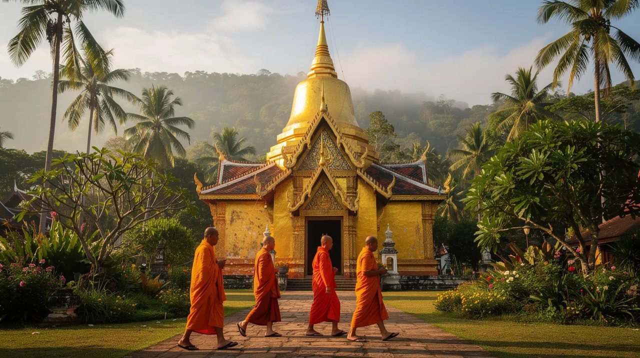 Imagem de um templo budista dourado em Chiang Mai, cercado por rica vegetação tropical. Monges de vestes laranjas caminham em frente ao templo, criando uma cena serena e espiritual que reflete a cultura tailandesa.