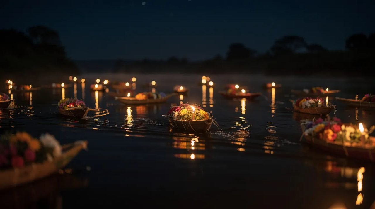 A imagem mostra dezenas de barquinhos com velas acesas e flores flutuando sobre a superfície de um rio à noite, criando um cenário encantador com reflexos dourados na água. Esse ambiente sereno evoca a atmosfera mágica da Tailândia, especialmente nas celebrações que acontecem ao longo do Rio Chao Phraya.