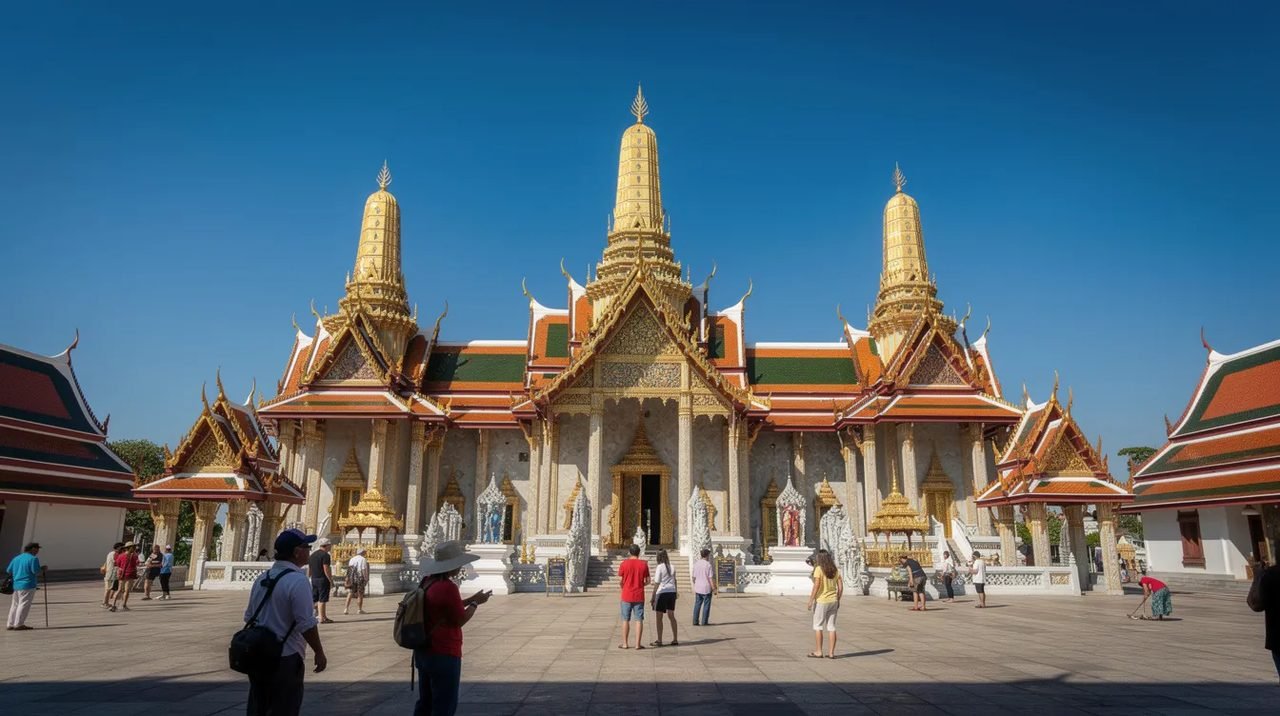 Imagem de um complexo de templos budistas na Tailândia, com torres douradas e telhados ornamentados sob um céu azul claro. Vários turistas caminham pelo pátio, admirando a arquitetura do Wat Phra Kaew, enquanto arranha-céus se destacam ao fundo na vibrante cidade de Bangkok.