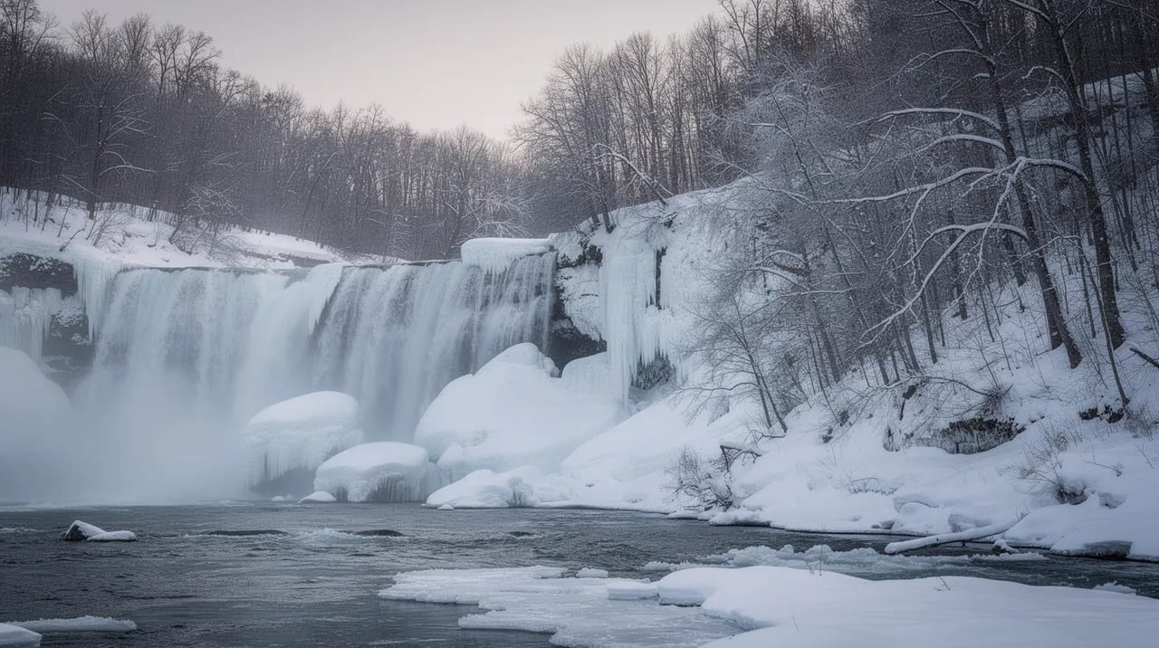 Imagem de cachoeiras majestosas rodeadas por uma floresta invernal, com bordas cobertas de neve e galhos sem folhas, evocando a beleza do Parque Nacional dos Lagos de Plitvice, na Croácia. A cena transmite uma atmosfera serena e fria, típica do inverno, com o som da água caindo ao fundo.